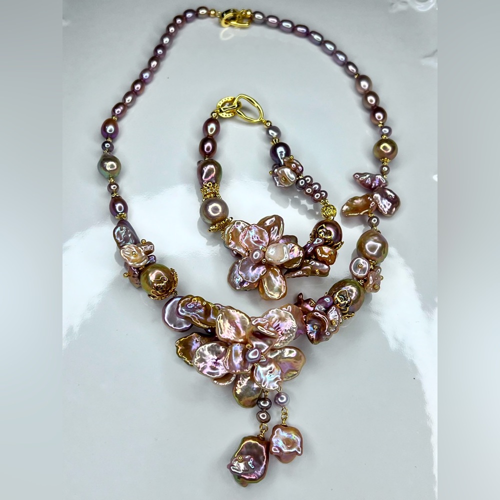 🔥 Premium Set Handmade Freshwater Keshi Edison Pearl Flower 🌺 Necklace Bracelet